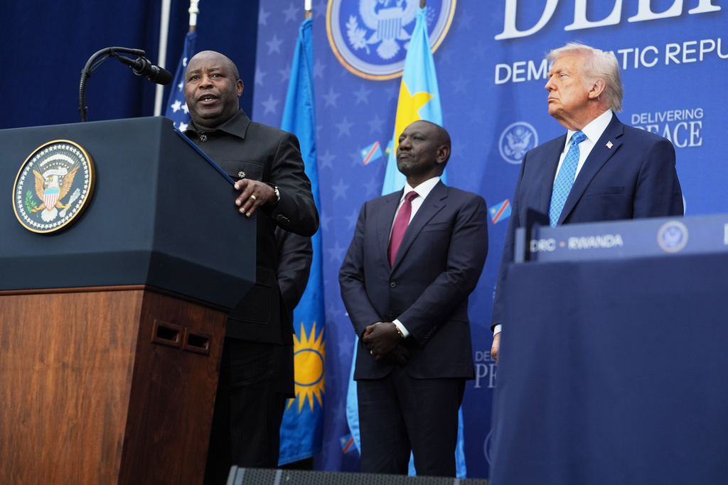 President of Burundi Évariste Ndayishimiye, speaks during ceremony with President Donald Trump at the U.S. Institute of Peace, Thursday, Dec. 4, 2025, in Washington. (AP Photo/Evan Vucci)