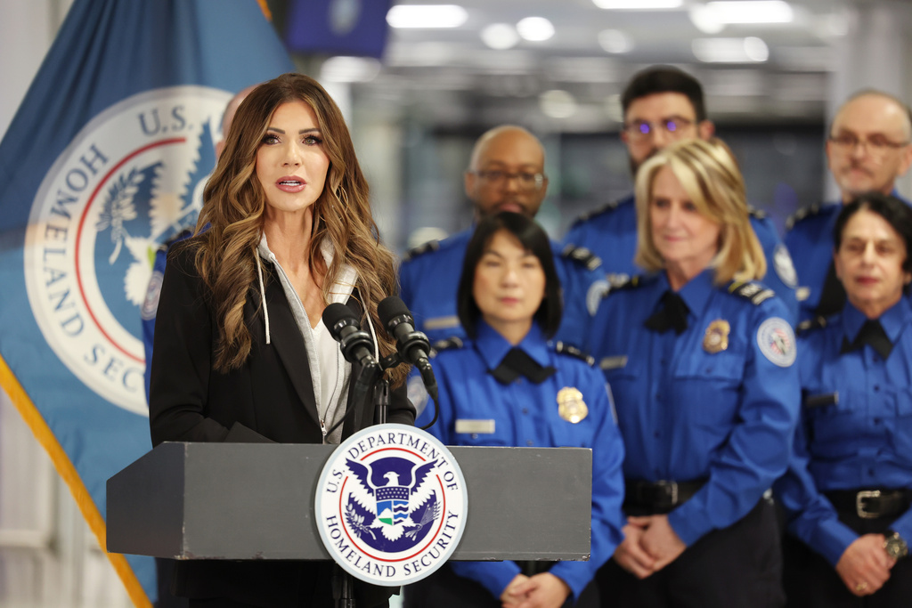 U.S. Homeland Security Secretary Kristi Noem speaks at a news conference at Harry Reid International Airport, Saturday, Nov. 22, 2025, in Las Vegas. (AP Photo/Ronda Churchill)