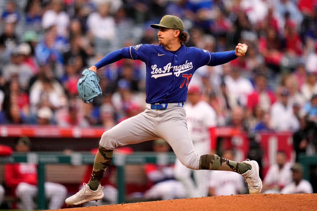 Los Angeles Dodgers pitcher Justin Wrobleski throws to the plate during the first inning of a baseball game against the Los Angeles Angels, Saturday, May 16, 2026, in Anaheim, Calif. (AP Photo/Mark J. Terrill)