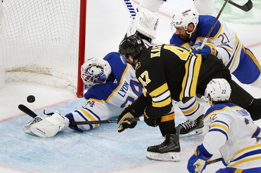 Boston Bruins' Mark Kastelic (47) scores on Buffalo Sabres' Alex Lyon (34) during the second period of an NHL hockey game, Thursday, Oct. 30, 2025, in Boston. (AP Photo/Michael Dwyer) Boston Bruins' Mark Kastelic (47) scores on Buffalo Sabres' Alex Lyon (34) during the second period of an NHL hockey game, Thursday, Oct. 30, 2025, in Boston. (AP Photo/Michael Dwyer)