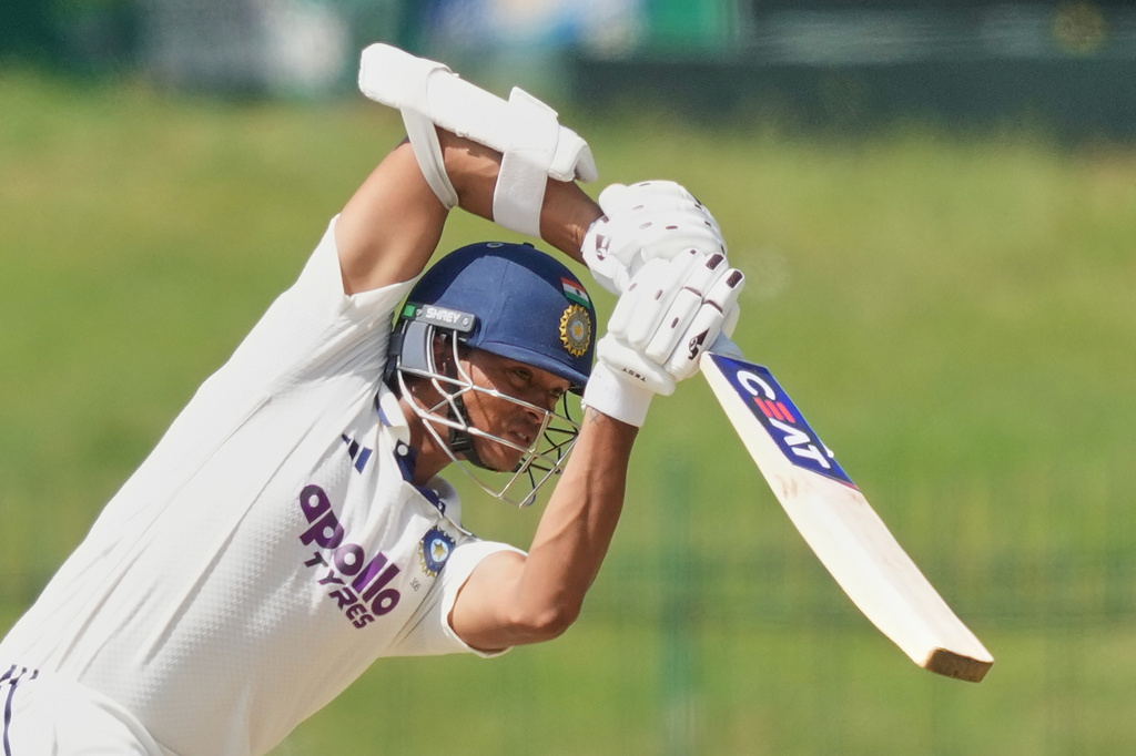 India's Yashasvi Jaiswal plays a shot during day one of the second cricket test match between Sri Lanka and India in Colombo, Sri Lanka, Sunday, Aug. 23, 2026. (AP Photo/Eranga Jayawardena)