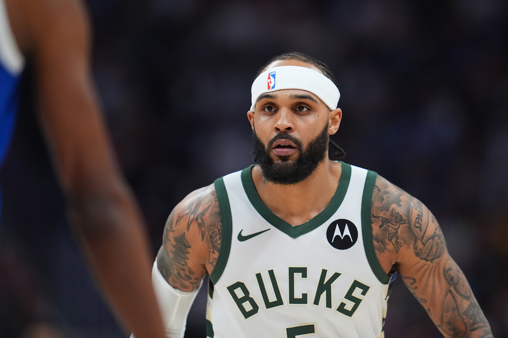 FILE - Milwaukee Bucks guard Gary Trent Jr. (5) plays in the first half of an NBA basketball game Jan. 11, 2026, in Denver. (AP Photo/David Zalubowski, File)