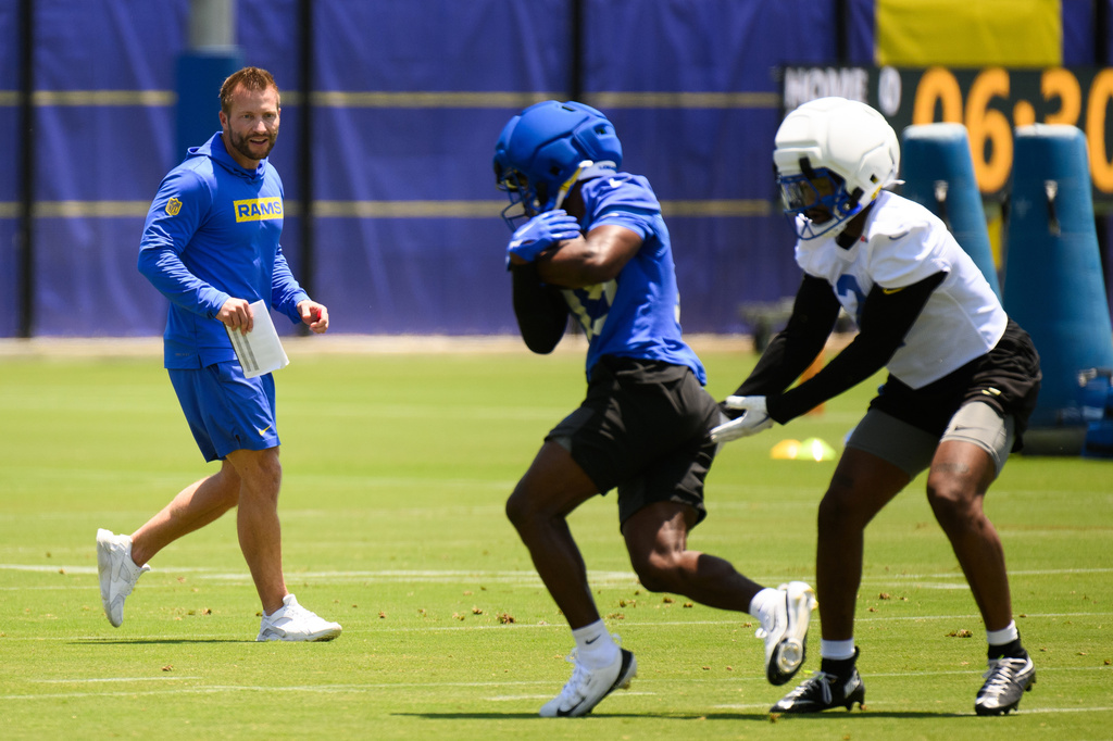 FILE - Los Angeles Rams head coach Sean McVay watches his players during the NFL football team's practice, June 2, 2026, in Woodland Hills, Calif. (AP Photo/Kyusung Gong, File)