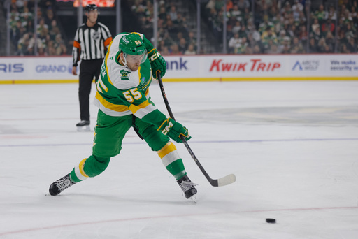Minnesota Wild defenseman David Jiricek (55) takes a slapshot during the first period of an NHL hockey game against the Utah Mammoth, Saturday, Oct. 25, 2025, in St. Paul, Minn. (AP Photo/Bailey Hillesheim) Minnesota Wild defenseman David Jiricek (55) takes a slapshot during the first period of an NHL hockey game against the Utah Mammoth, Saturday, Oct. 25, 2025, in St. Paul, Minn. (AP Photo/Bailey Hillesheim)