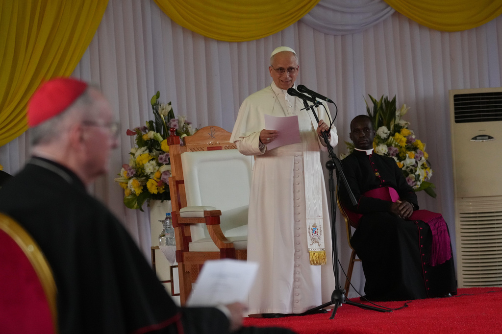 Pope Leo XIV delivers his message during a meeting with University students and professors at the Catholic University of Central Africa, in Yaounde Cameroon, Friday, April 17, 2026. (AP Photo/Andrew Medichini)