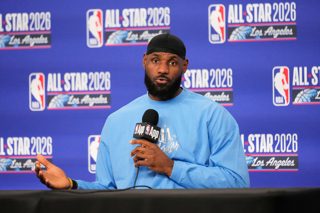 USA Stripes forward LeBron James (23) answers questions before the NBA All-Star basketball game Sunday, Feb. 15, 2026, in Inglewood, Calif. (AP Photo/Mark J. Terrill)