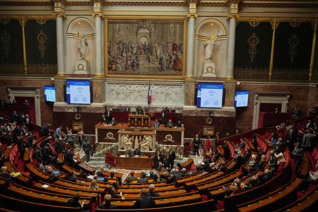 Scoreboards at the National Assembly show the results of a no-confidence motion vote on French Prime Minister Sébastien Lecornu's government in Paris, Thursday, Oct. 16, 2025. (AP Photo/Thibault Camus)