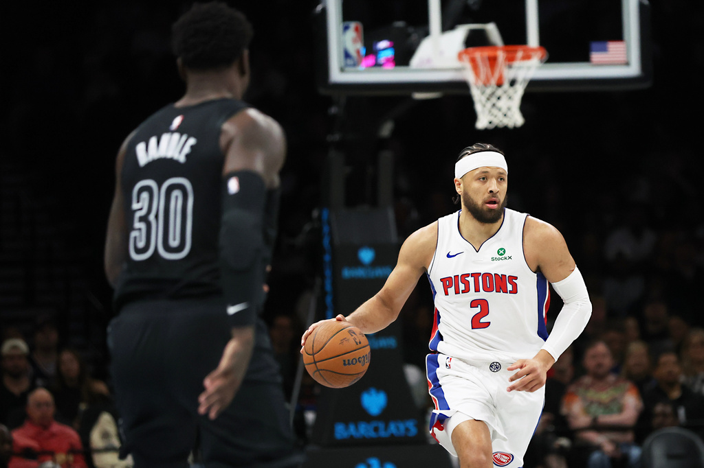 Detroit Pistons guard Cade Cunningham (2) brings up the ball during the first half of an NBA Cup basketball game against the Brooklyn Nets, Friday, Oct. 30, 2026, in New York. (AP Photo/Heather Khalifa)