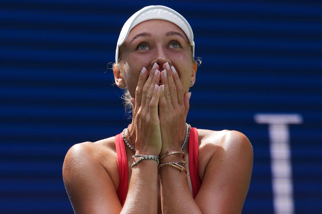 Anastasia Potapova, of Austria, reacts after she won her match against Amanda Anisimova, of the United States, during the third round of the U.S. Open tennis championships Saturday, Sept. 5, 2026, in New York. (AP Photo/Kirsty Wigglesworth)