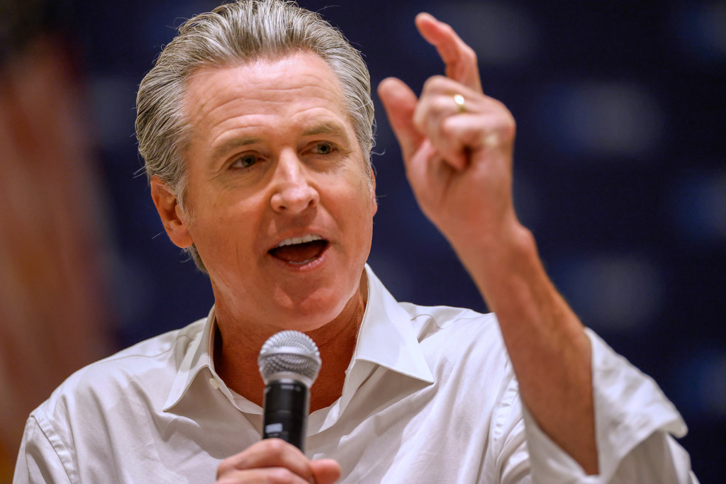 California Gov. Gavin Newsom speaks at a rally for democratic candidates Saturday, Sept. 5, 2026, in Monroe, N.C. (AP Photo/Nell Redmond)