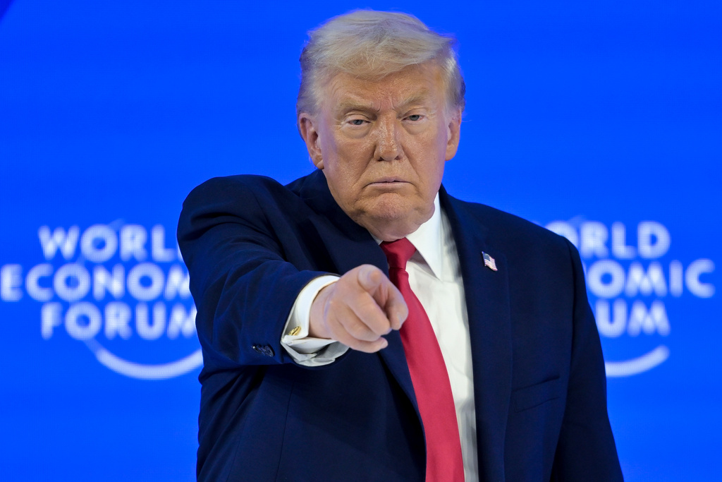 President Donald Trump gestures after his special address during the 56th annual meeting of the World Economic Forum, WEF, in Davos, Switzerland, Wednesday, Jan. 21, 2026. (Gian Ehrenzeller/Keystone via AP)