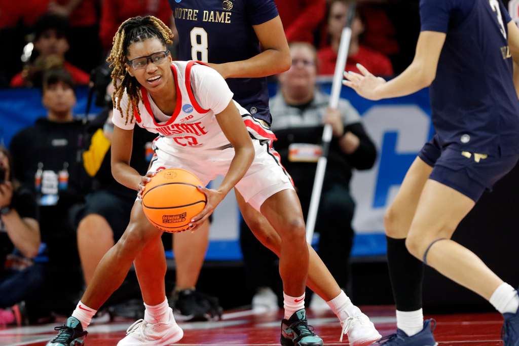 Ohio State guard Jaloni Cambridge, front left, looks to pass the ball against Notre Dame during the second half in the second round of the NCAA college basketball tournament, Monday, March 23, 2026, in Columbus, Ohio. (AP Photo/Tom E. Puskar)