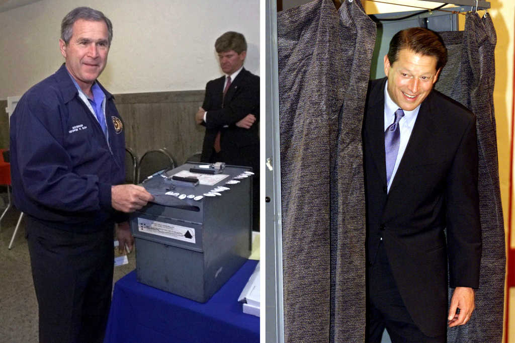 FILE - In these two Nov. 7, 2000 file photos, at left, Gov. George W. Bush puts his ballot in the ballot box after voting in Austin, Tex., on Election Day. At right, Democratic presidential candidate Vice President Al Gore steps out of the voting booth at the Forks River Elementary School in Elmwood, Tenn. (AP Photos/Eric Gay, J. Scott Applewhite, Files)