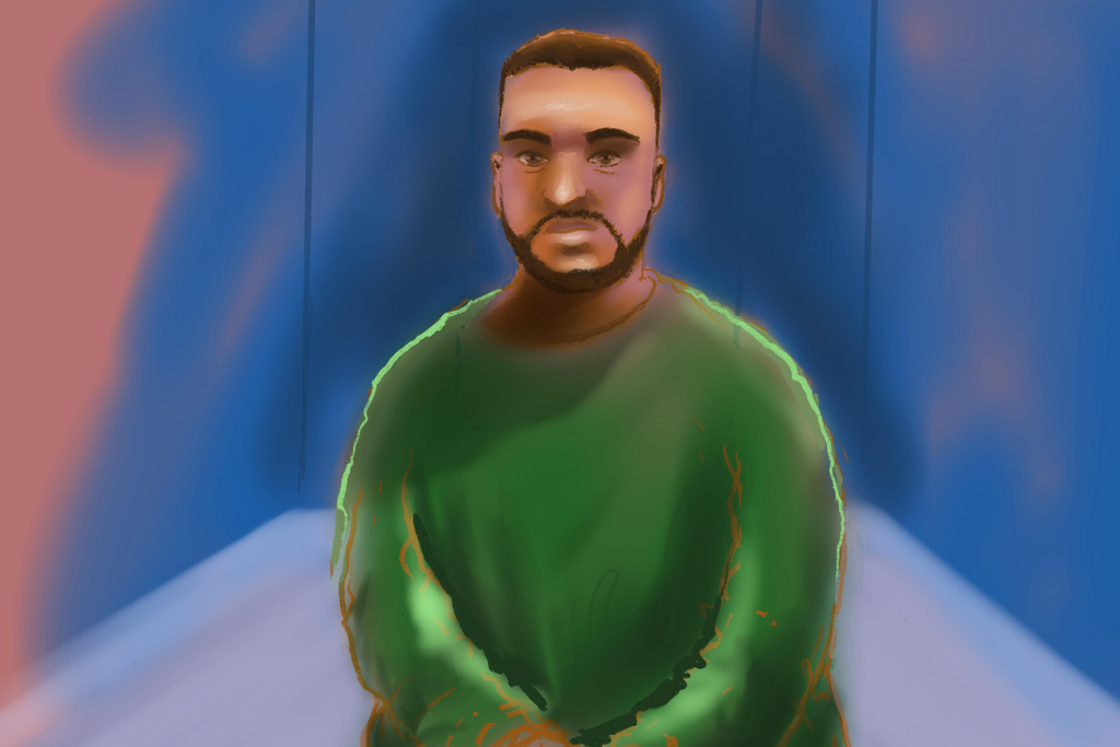 A court sketch depicts accused Bondi shooter Naveed Akram appearing via video link from Goulburn Supermax prison, at Downing Centre Local Court in Sydney, Monday, Feb. 16, 2026. (Rocco Fazzari/AAP Image via AP)