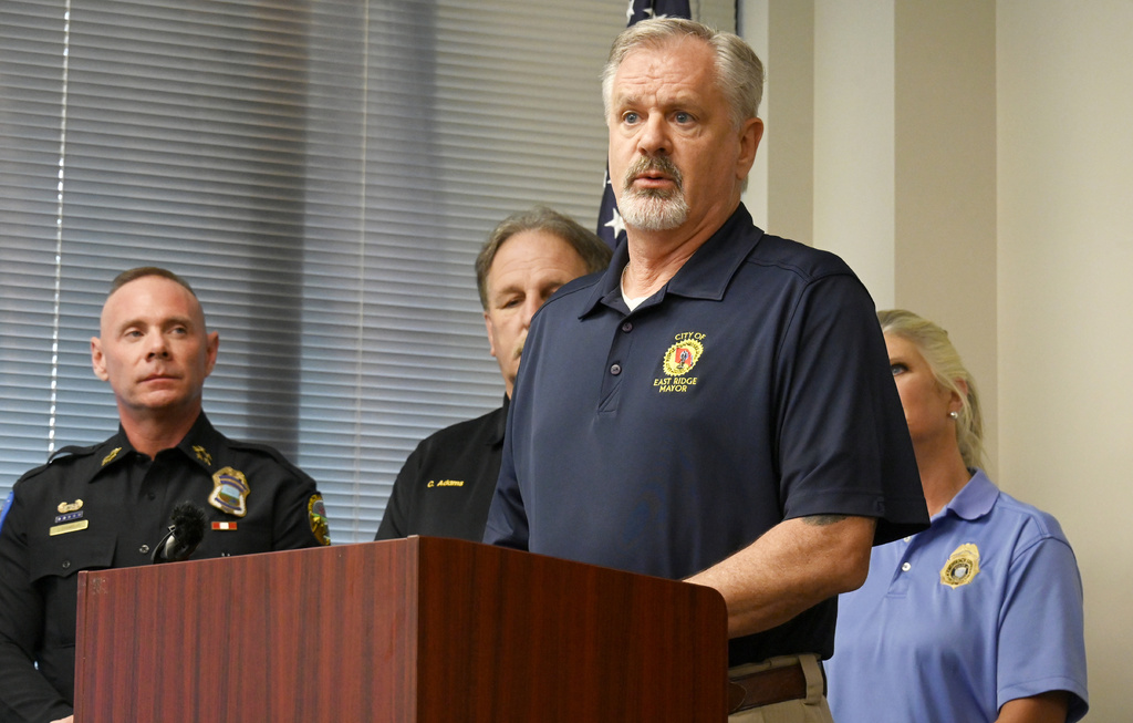 East Ridge Mayor Brian Williams speaks during a news conference Wednesday, Aug. 13, 2025, in Chattanooga, Tenn. in response to the recent severe flash flooding in the area. (Abby White/Chattanooga Times Free Press via AP)