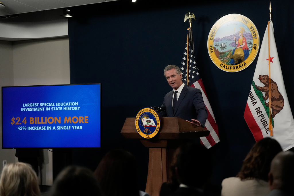 Gov. Gavin Newsom speaks about his state budget proposal Thursday, May 14, 2026, in Sacramento, Calif. (AP Photo/Jeff Chiu)