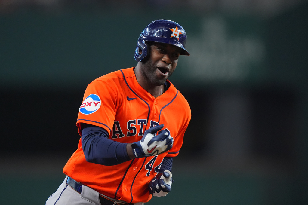 Houston Astros' Yordan Alvarez runs the bases after hitting a home run during the first inning of a baseball game against the Texas Rangers, Saturday, July 11, 2026, in Arlington, Texas. (AP Photo/LM Otero)