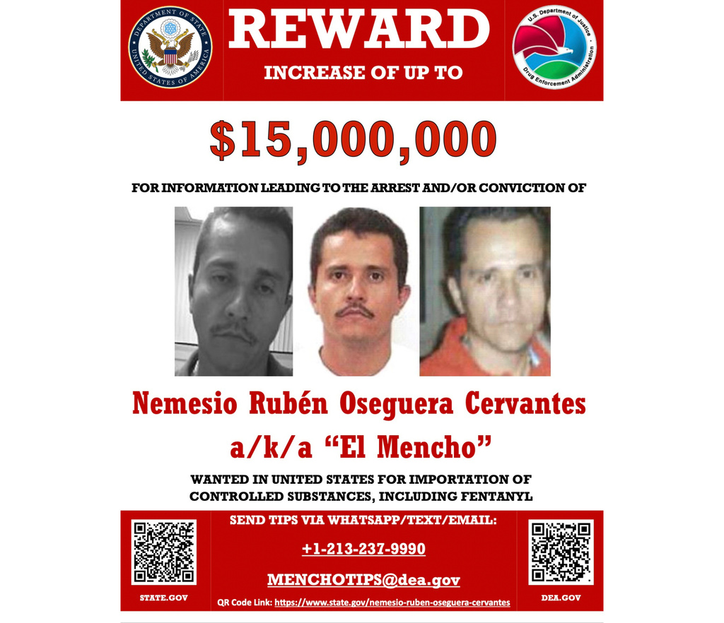 This wanted poster released on Dec. 4, 2024 on the U.S. State Department website shows leader of the Jalisco New Generation Cartel, Nemesio Rubén Oseguera Cervantes, known as “El Mencho.” (U.S. State Department via AP)