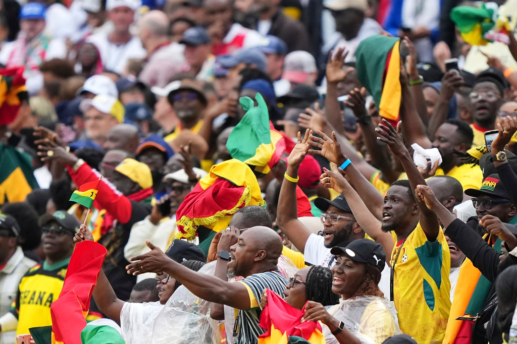 Ghana's soccer fans cheer from the stands during the World Cup Group L soccer match between England and Ghana in Foxborough, Mass., near Boston, Tuesday, June 23, 2026. (AP Photo/Martin Meissner)