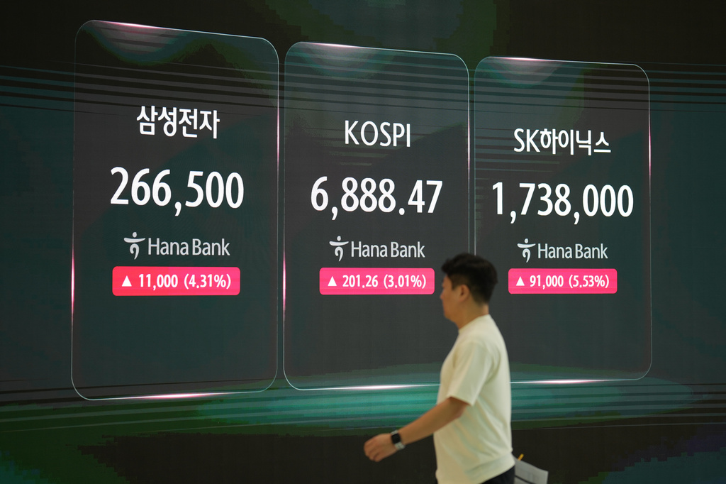 An employee walks near the screens showing the Korea Composite Stock Price Index (KOSPI), SK Hynix and Samsung Electronics Co. stock prices at a dealing room of Hana Bank in Seoul, South Korea, Monday, Sept. 7, 2026. (AP Photo/Lee Jin-man)
