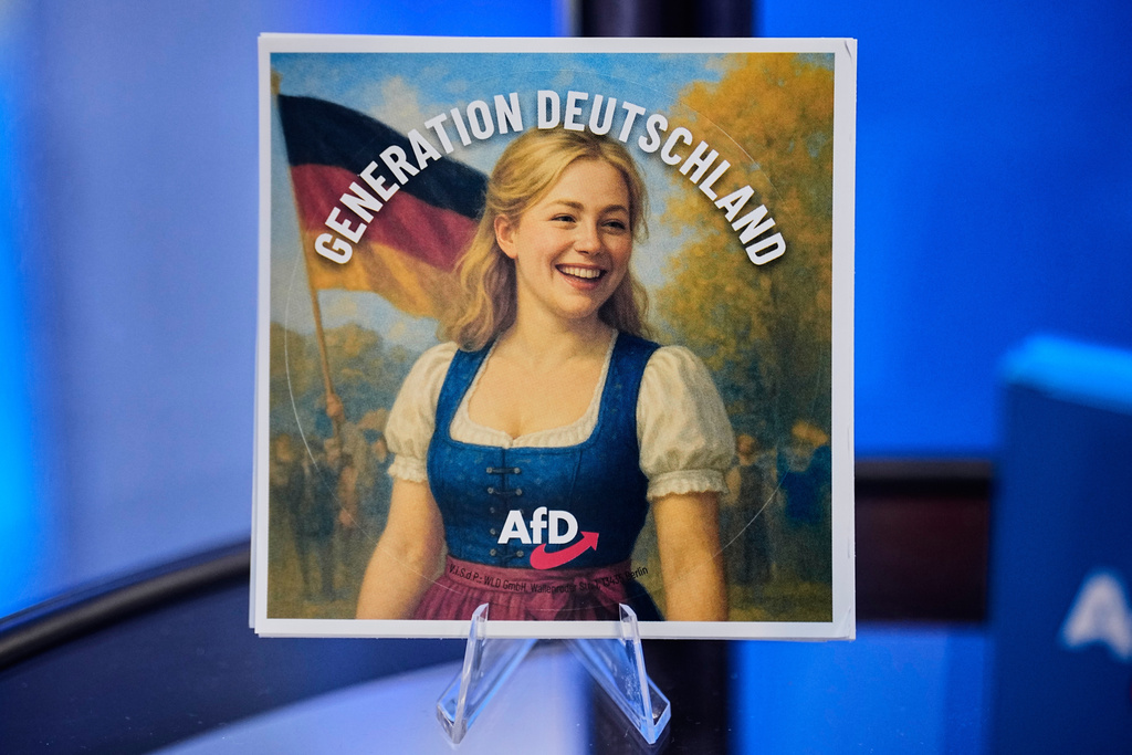 FILE - Stickers are offered at the re-founding of the AfD youth organization in Giessen, Germany, early Saturday, Nov. 29, 2025. (AP Photo/Martin Meissner, File)