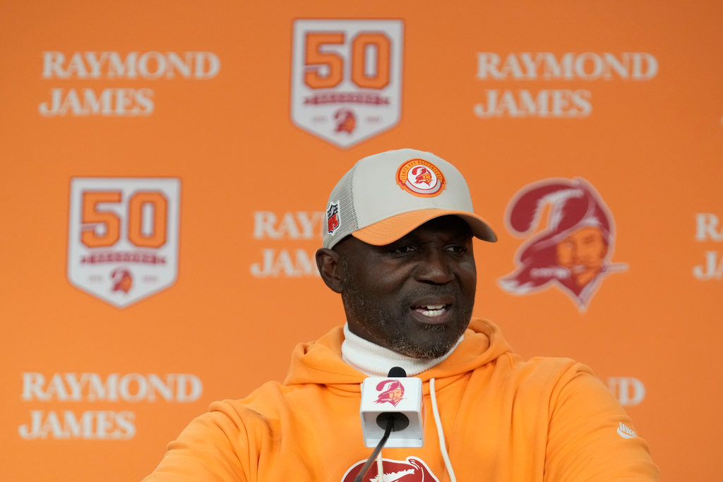 Tampa Bay Buccaneers head coach Todd Bowles speaks after an NFL football game against the Atlanta Falcons, Thursday, Dec. 11, 2025, in Tampa, Fla. (AP Photo/Chris O'Meara)