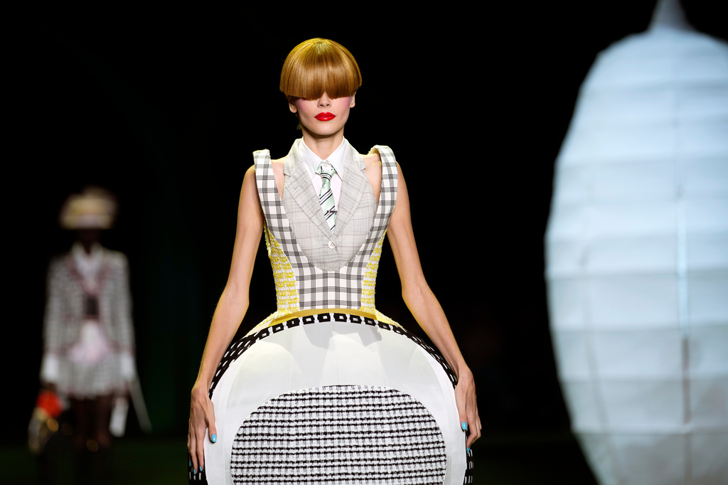 A model walks the runway during the Thom Browne Spring/Summer 2027 presentation as part of New York Fashion Week on Tuesday, Sept. 15, 2026, in New York. (Photo by Charles Sykes/Invision/AP)