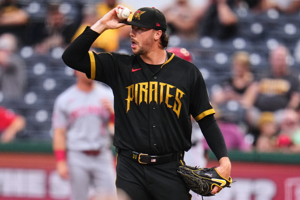 Pittsburgh Pirates pitcher Paul Skenes collects himself on the mound during the second inning of a baseball game against the Cincinnati Reds in Pittsburgh, Friday, June 26, 2026. (AP Photo/Gene J. Puskar)