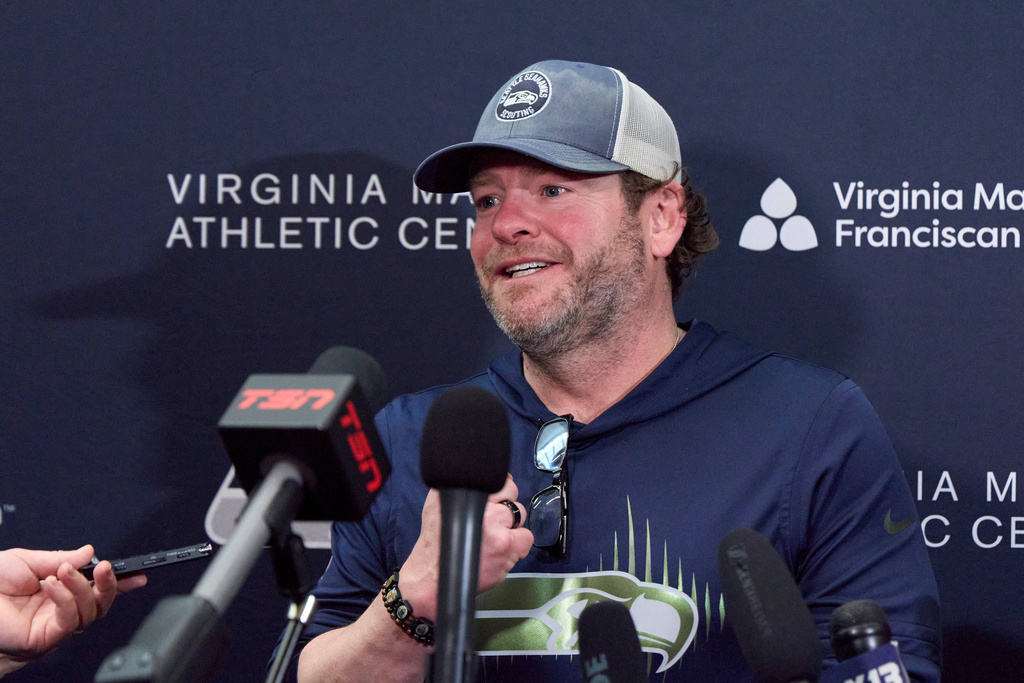 Seattle Seahawks president of football operations/general manager John Schneider speaks during a news conference at the NFL football team's facilities ahead of Super Bowl 60, Thursday, Jan. 29, 2026, in Seattle. (AP Photo/John Froschauer)
