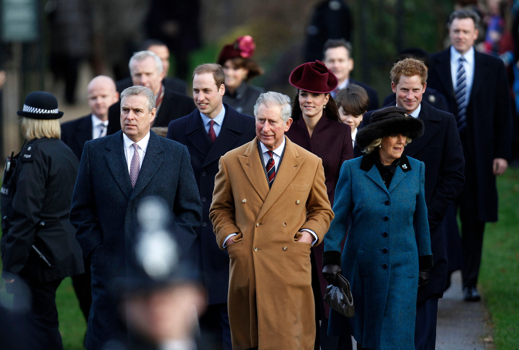FILE - From left, Britain's Prince Andrew, Prince William, Prince Charles, Kate Duchess of Cambridge, Camilla Duchess of Cornwall and Prince Harry arrive to attend a Christmas Service at St Mary's church on the grounds of Sandringham Estate, the Queen's Norfolk retreat, England, Dec. 25, 2011. (AP Photo/Lefteris Pitarakis, File)