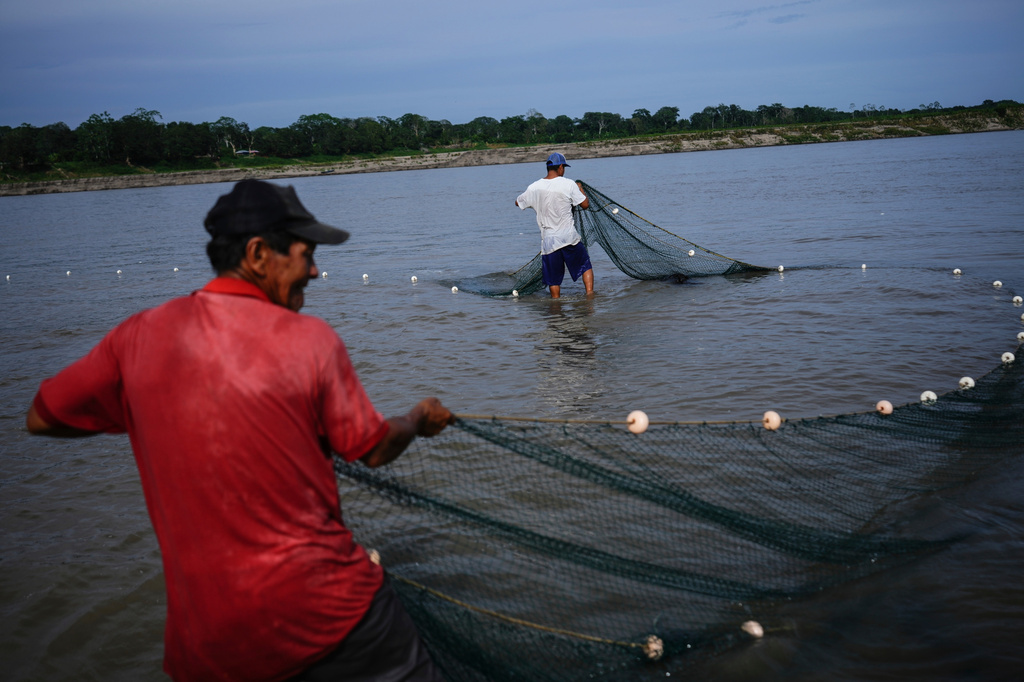 FILE - Men fish in the low levels of the Amazon River, on the outskirts of Leticia, Colombia, Oct. 21, 2024. (AP Photo/Ivan Valencia, File)