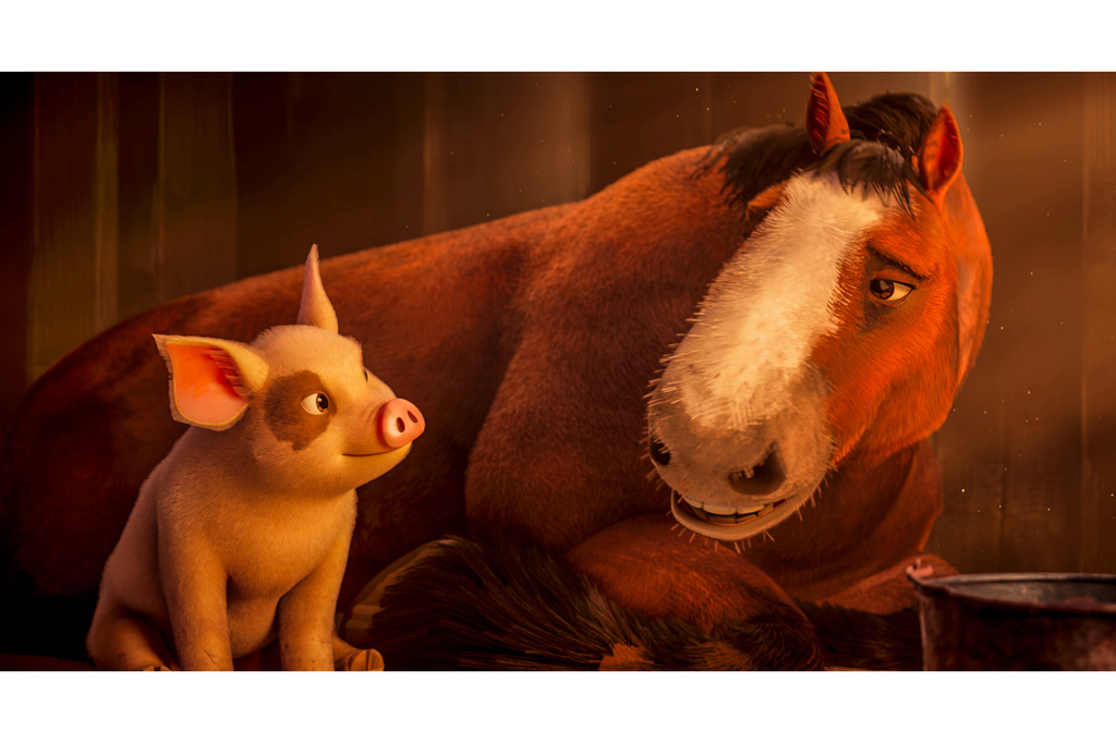 This image released by Angel shows animated characters Lucky, voiced by Gaten Matarazzo, left, and Boxer, voiced by Woody Harrelson, in a scene from "Animal Farm." (Angel via AP)