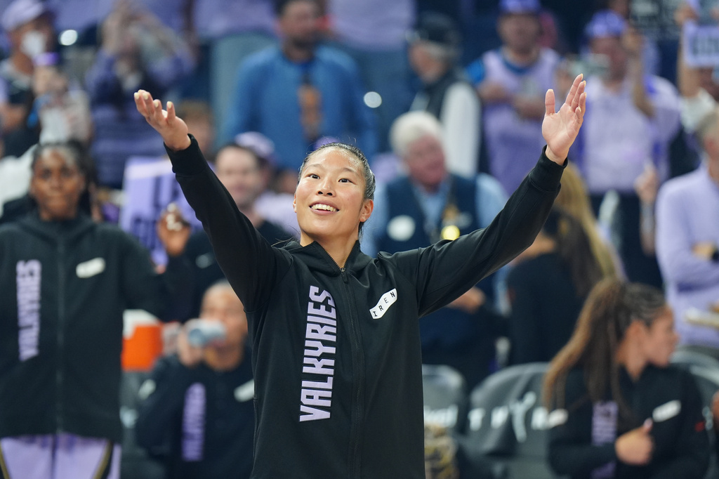 Golden State Valkyries guard Kaitlyn Chen gestures to the crowd before a WNBA basketball first-round playoff game against the Dallas Wings Sunday, Sept. 27, 2026, in San Francisco. (AP Photo/Alan Greth)