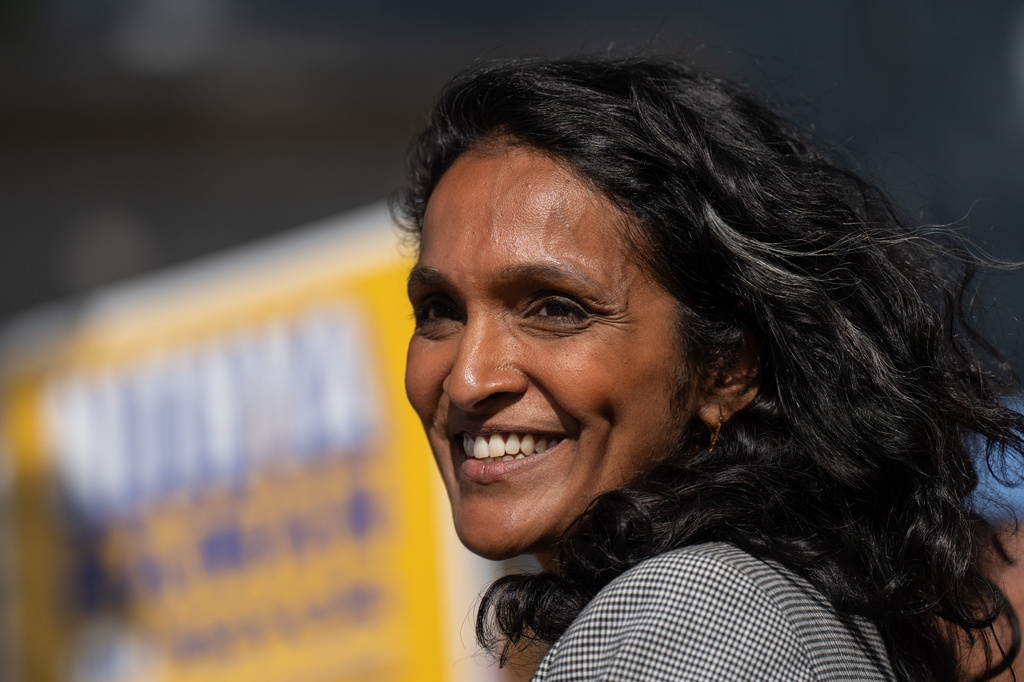 Nithya Raman, a candidate in the Los Angeles mayoral race, smiles during a campaign event discussing tenant protections with renters in Los Angeles, Monday, June 1, 2026. (AP Photo/Jae C. Hong)