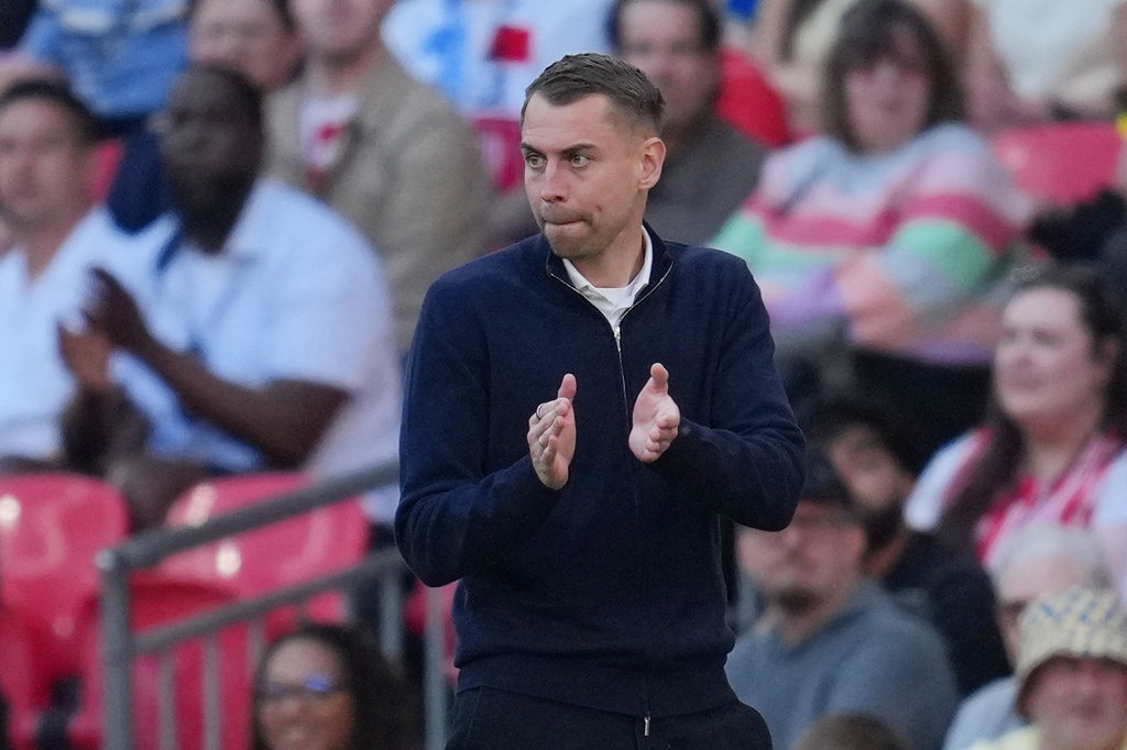 FILE - Southampton's coach Tonda Eckert reacts during the FA Cup semifinal soccer match between Manchester City and Southampton in Manchester, England, April 25, 2026. (AP Photo/Kin Cheung, File)
