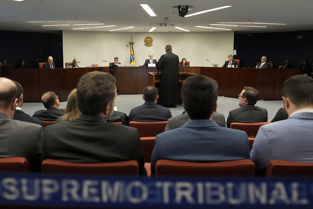 The Brazilian Supreme Court holds the verdict and sentencing phase of a trial for those charged in an alleged coup plot to keep Brazil's former President Jair Bolsonaro in office after his 2022 election defeat, in Brasilia, Brazil, Wednesday, Sept. 3, 2025. (AP Photo/Eraldo Peres)