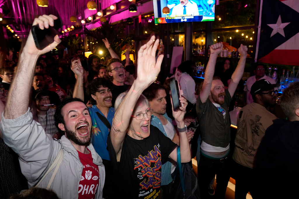 Supporters for Democratic congressional candidate Darializa Avila Chevalier celebrate during an election night watch party Tuesday, June 23, 2026, in New York. (AP Photo/Seth Wenig)