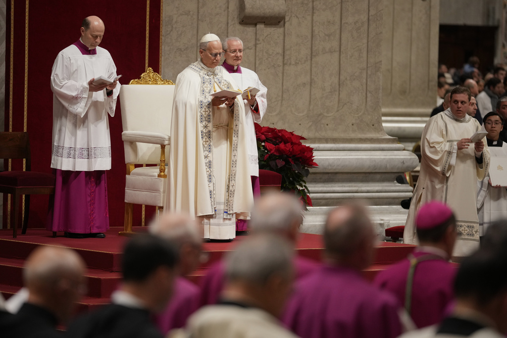 Pope Leo XIV presides over the first Vespers and the 'Te Deum' in St. Peter's Basilica at the Vatican, Wednesday, Dec. 31, 2025. (AP Photo/Andrew Medichini)