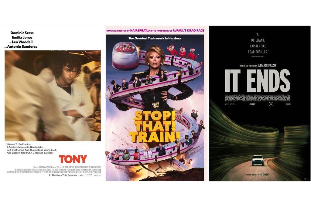 This combination of images show promotional art for the films "Tony," left, "Stop! That! Train!," center, and "It Ends." (A24/Bleecker Street/Neon via AP)