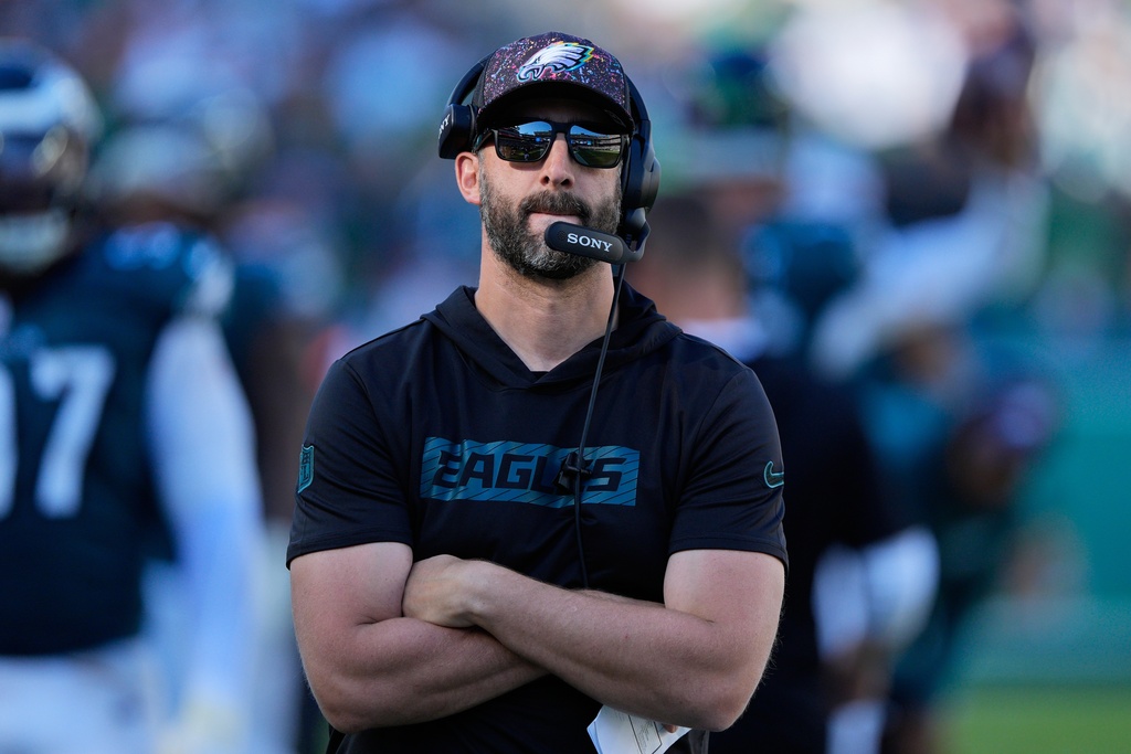 Philadelphia Eagles head coach Nick Sirianni watches action during the second half of an NFL football game against the Denver Broncos on Sunday, Oct. 5, 2025, in Philadelphia. (AP Photo/Chris Szagola)