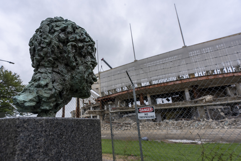 A memorial to Robert F. Kennedy is seen outside RFK Stadium, the onetime home of the Washington Commanders football team, the Washington Senators and Washington Nationals baseball teams, and the D.C. United soccer team as it is being torn down, Wednesday, Sept. 17, 2025, in Washington. (AP Photo/Alex Brandon)