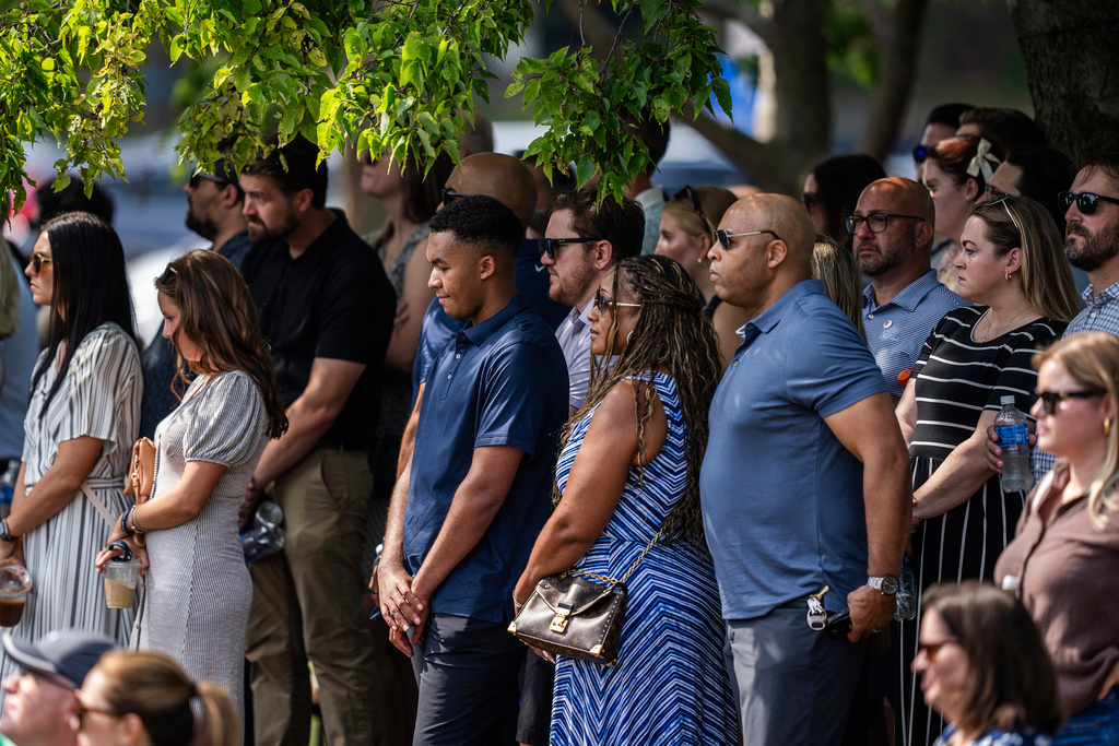 Hundreds gathered for the celebration of life for school-shooting victim Harper Moyski at the Lake Harriet Bandshell in Minneapolis, Minn., on Sunday, Sept. 14, 2025 (Richard Tsong-Taatarii/Star Tribune via AP)