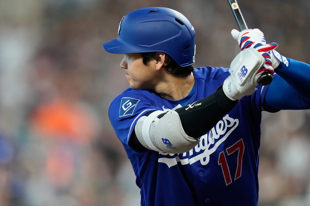 Los Angeles Dodgers designated hitter Shohei Ohtani prepares to bat during the first inning of a baseball game against the Houston Astros in Houston, Monday, May 4, 2026. (AP Photo/Ashley Landis)