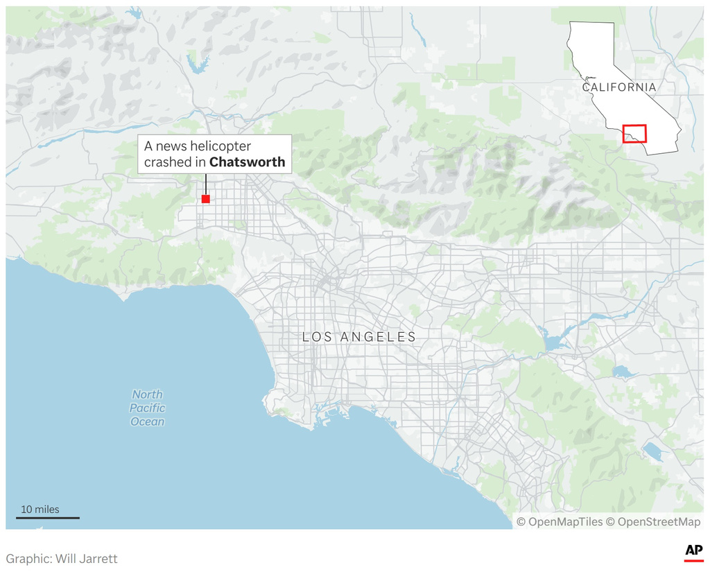 A map showing where a news helicopter crashed in Los Angeles. (AP Digital Embed)