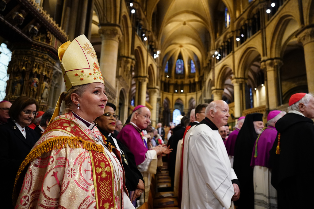 Members of the clergy ahead of the Enthronement Ceremony installing Dame Sarah Mullally as the 106th Archbishop of Canterbury, at Canterbury Cathedral, England, Wednesday March 25, 2026. (Jordan Pettit, Pool Photo via AP)