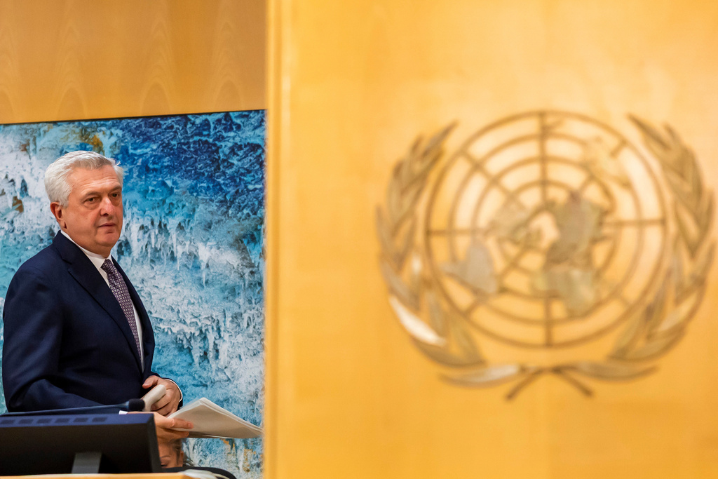 Filippo Grandi, UN High Commissioner for Refugees (UNHCR), attends UNHCR's 76th annual Executive Committee meeting at the European headquarters of the United Nations in Geneva, Switzerland, Monday, Oct. 6, 2025. (Salvatore Di Nolfi/Keystone via AP)