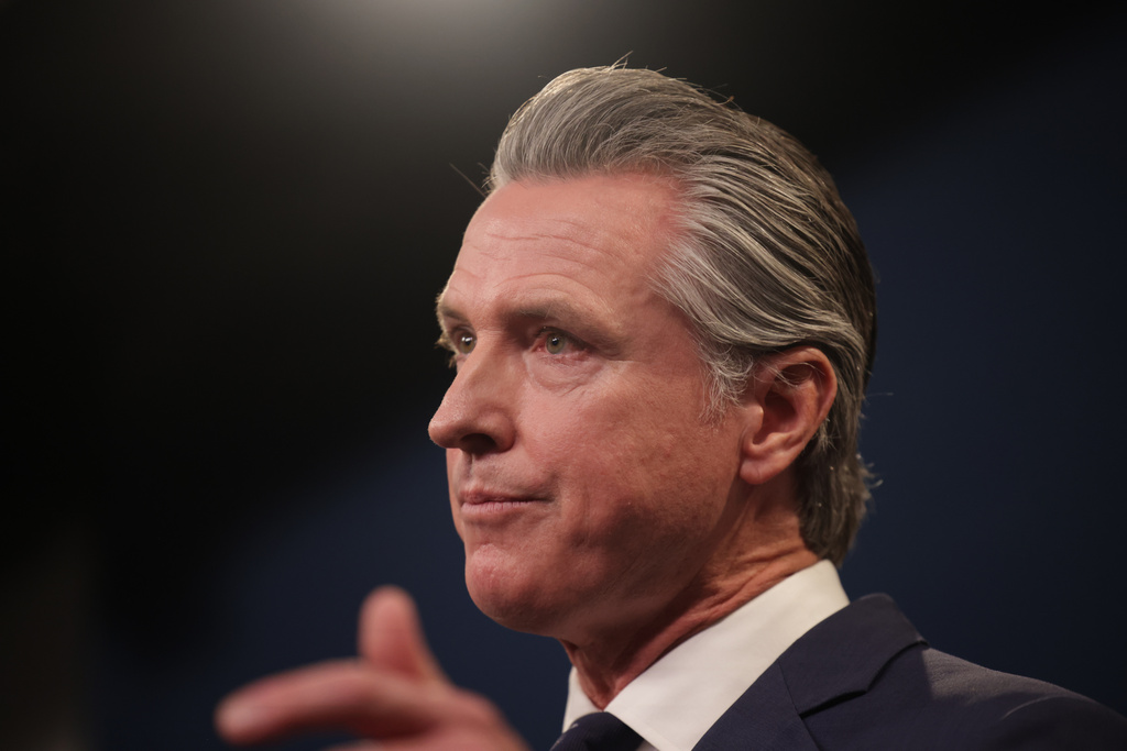 California Gov. Gavin Newsom delivers his final state budget plan at the Capitol Annex Swing Space in Sacramento, Calif. on Thursday, May 14, 2026. (Gabrielle Lurie/San Francisco Chronicle via AP)