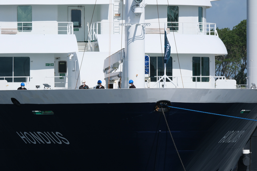 The MV Hondius cruise ship arrives at the Port of Rotterdam, Netherlands, Monday, May 18, 2026. (AP Photo/Patrick Post)