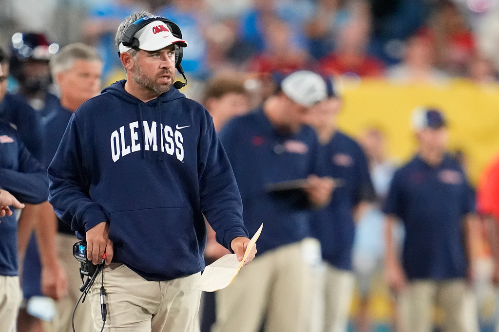Mississippi head coach Pete Golding looks onto the field during the second half of an NCAA college football game against Louisville, Sunday, Sept. 6, 2026, in Nashville, Tenn. (AP Photo/George Walker IV)