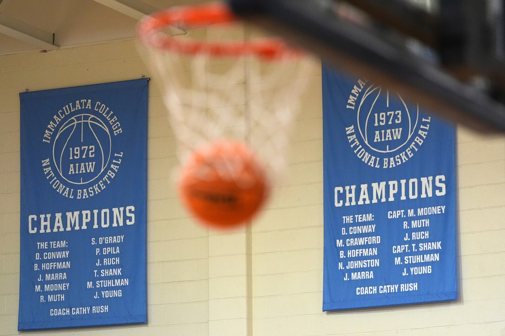 Championship banners are seen at Immaculata University before an NCAA college basketball game against Marymount, Wednesday, Jan. 21, 2026, in Immaculata, Pa. (AP Photo/Matt Slocum)